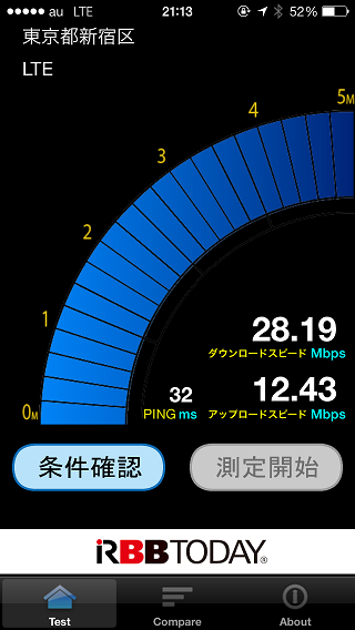au版iPhone 5sでの通信速度計測